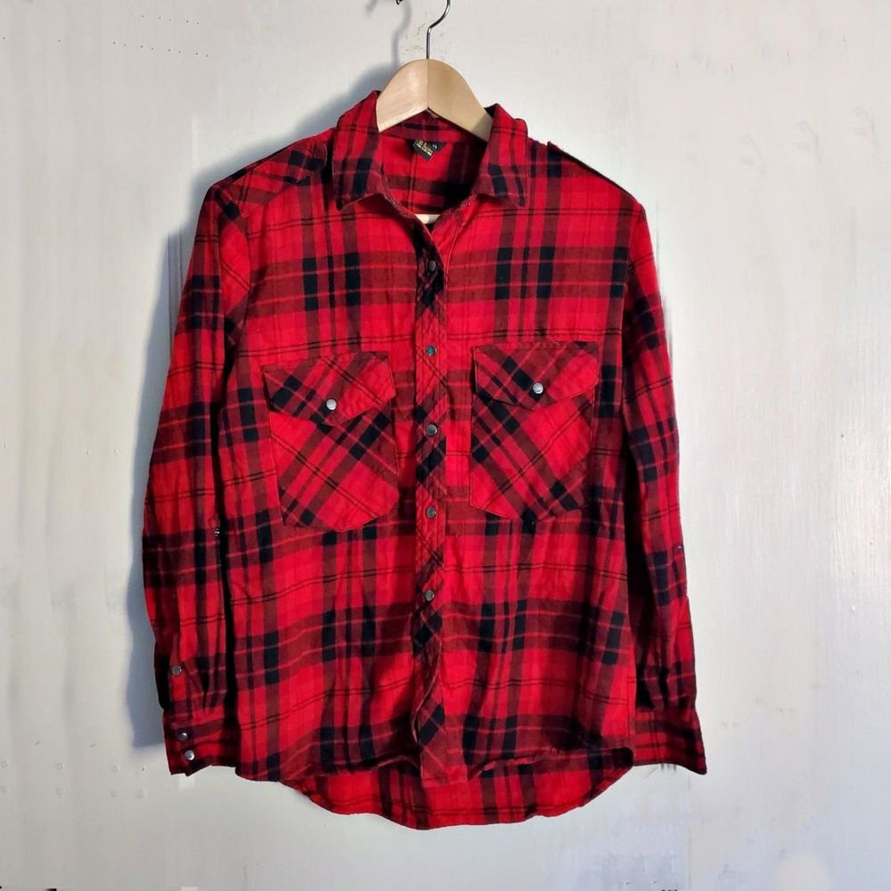 Women's FOREVER 21 Flannel Cargo Shirt Red Black Plaid Long Sleeve Sz S EUC